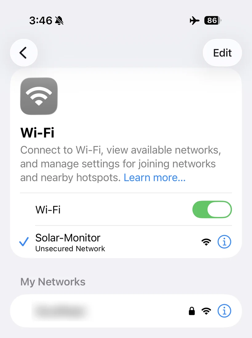 iOS Wi-Fi settings showing the Solar-Monitor network joined as an unsecured network.