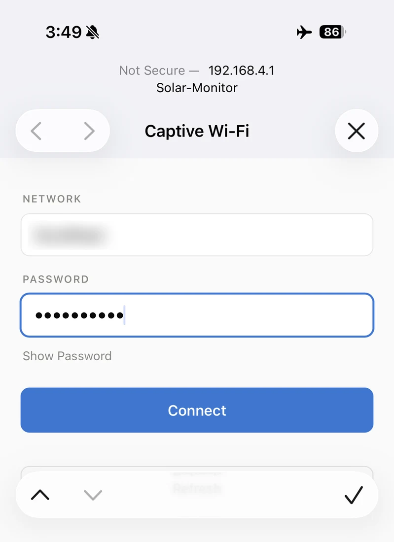 The Solar Monitor captive setup portal with a home network selected and its password entered.